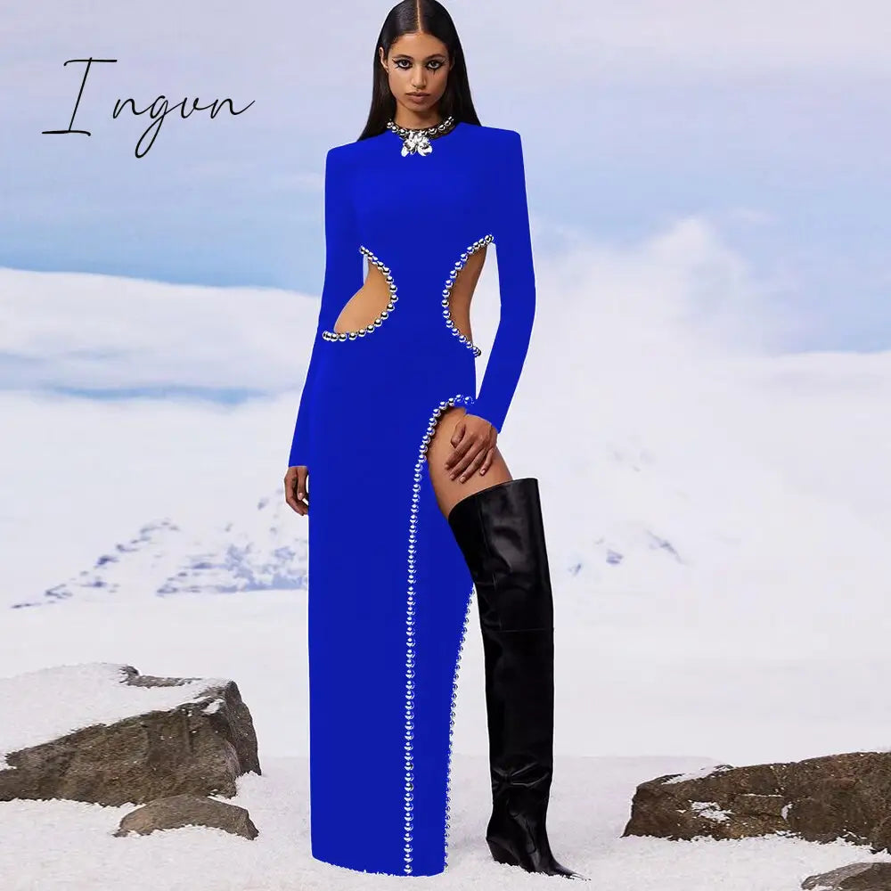 Ingvn - New Style Women's Sexy O Neck Cutout Black Beaded Long Bodyband Dress Elegant Celebrity Party Dress