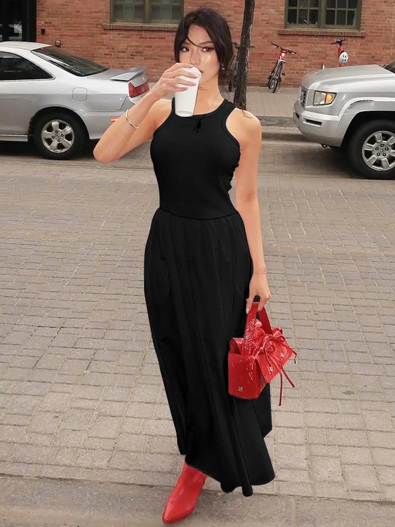 Ingvn  Fashion O-neck Sleeveless Long Tank Dresses for Women White  Summer Casual Office Lady High Waist A-line Black Holiday Dress