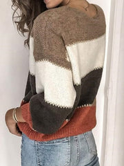 Women's Casual Color Block Knit Sweater - Long Sleeve, Crew Neck Pullover for Fall/Winter, Soft Nylon Blend