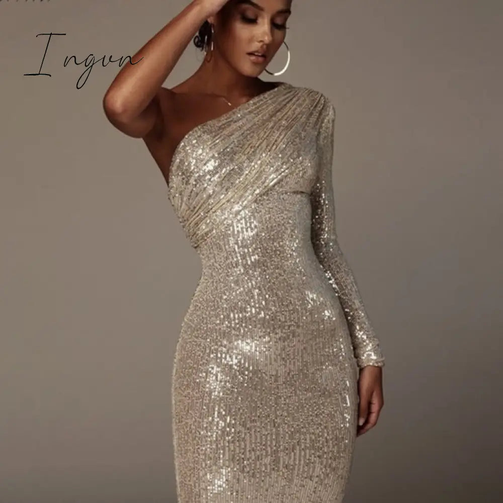 Ingvn - Sexy One Shoulder Dress Sparkle Glitzy Sequins Dress Mesh Patchwork Celebrity Christmas Party Vestidos