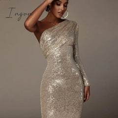 Ingvn - Sexy One Shoulder Dress Sparkle Glitzy Sequins Dress Mesh Patchwork Celebrity Christmas Party Vestidos