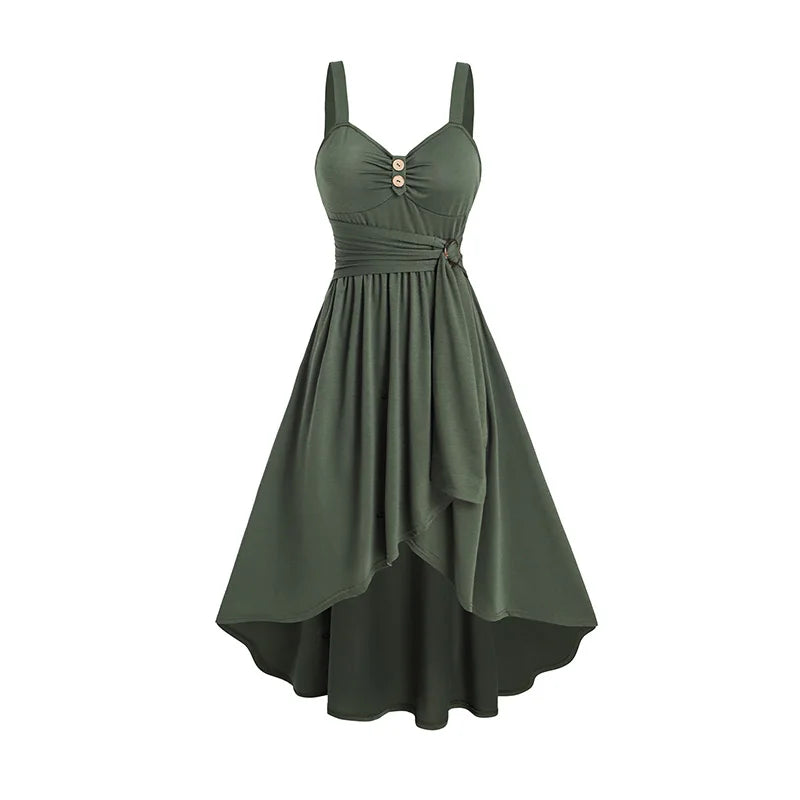 2025 Women's Plain Color Mock Button Empire Waist Ruched Bust Dress Asymmetrical Hem Overlap Self Belted Casual Dress