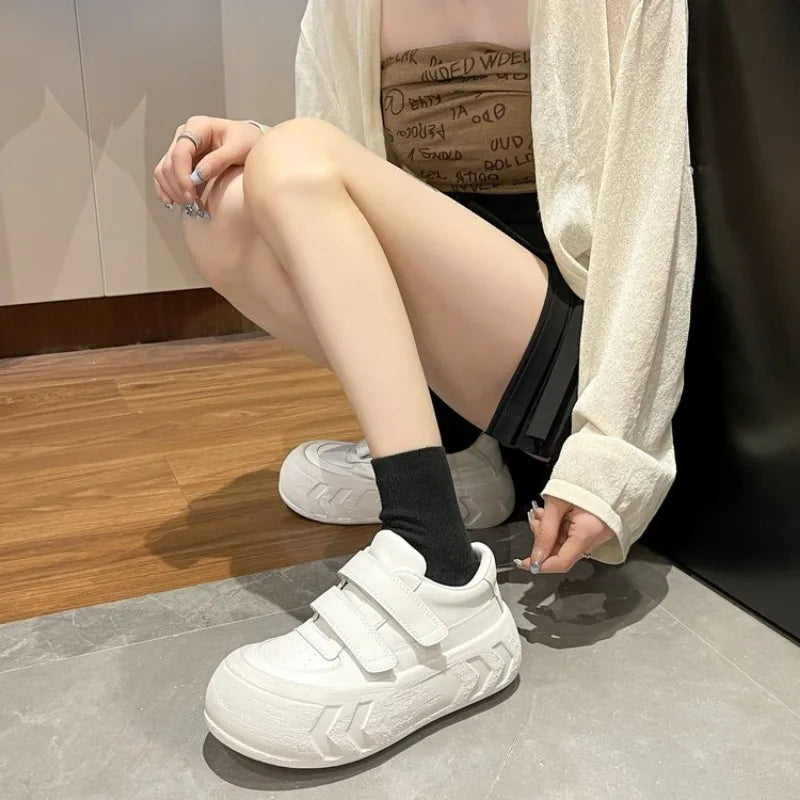 Ingvn  New Women's Vulcanized  Casual Sports Shoes Thick Sole Velcro Solid Color Women Shoes Flat Bottom Round Toe Low Top Shoes