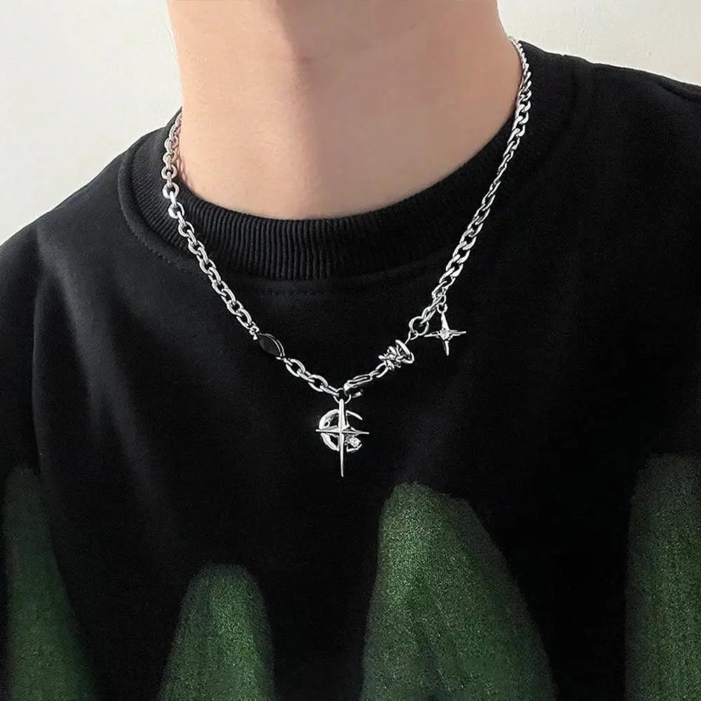 INGVN  Hip Hop Zircon Star Double Layer Necklace For Men Women Trend Charm Titanium Steel Pendant Chain Unisex Jewelry
