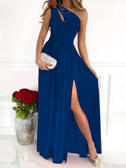 Solid One Shoulder Split Aline Dress, Elegant Ruffle Hem Sleeveless Asymmetrical Dress For Club & Party, Women's Clothing