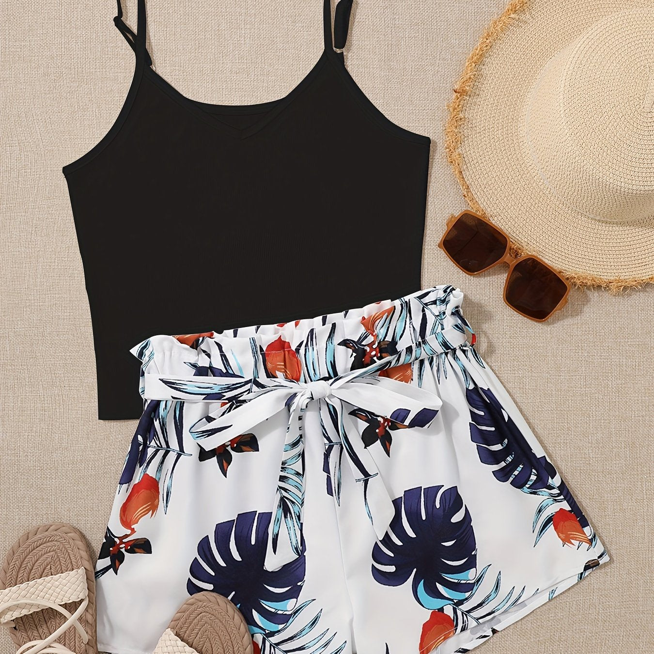 Lightweight Womens Vacation Shorts Outfit Set - Sleeveless V-Neck Cami Top with Vibrant Plants Print & Belted Paperbag Waist Loose Shorts - Effortless Summer Style Two-Piece Ensemble