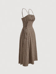 Vintage Beige Plaid Midi Dress for Women with Front Right Side Ruched Tie Detail - Sleeveless, Polyester, Machine Washable - Ideal for Spring/Summer/Fall