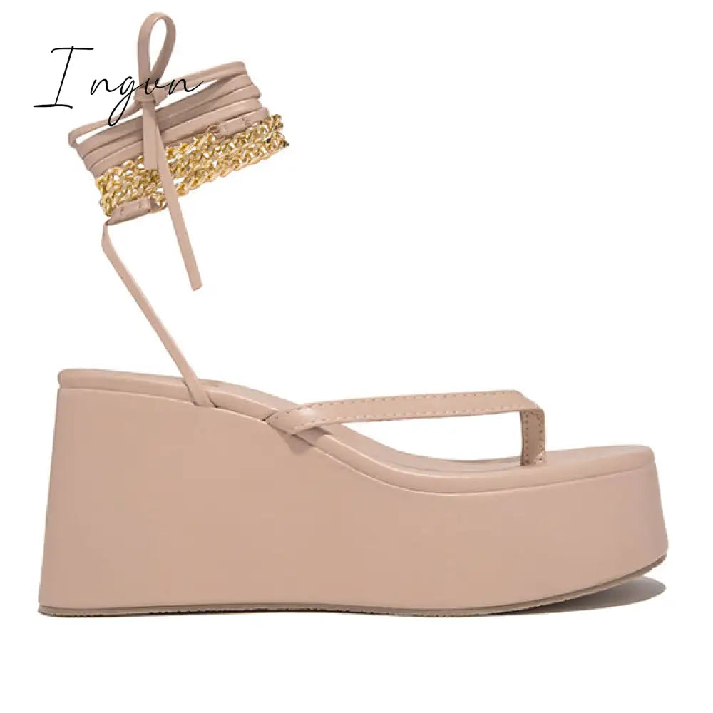Ingvn - Ankle Chain Lace-Up Thong Entry Wedge Platform Sandals