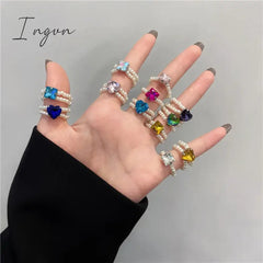 Kpop Romantic Coloful Crystal Pearl Elastic Rope Beaded Ring Smooth Irregular Geometric Square Oval Rings for Women Jewelry