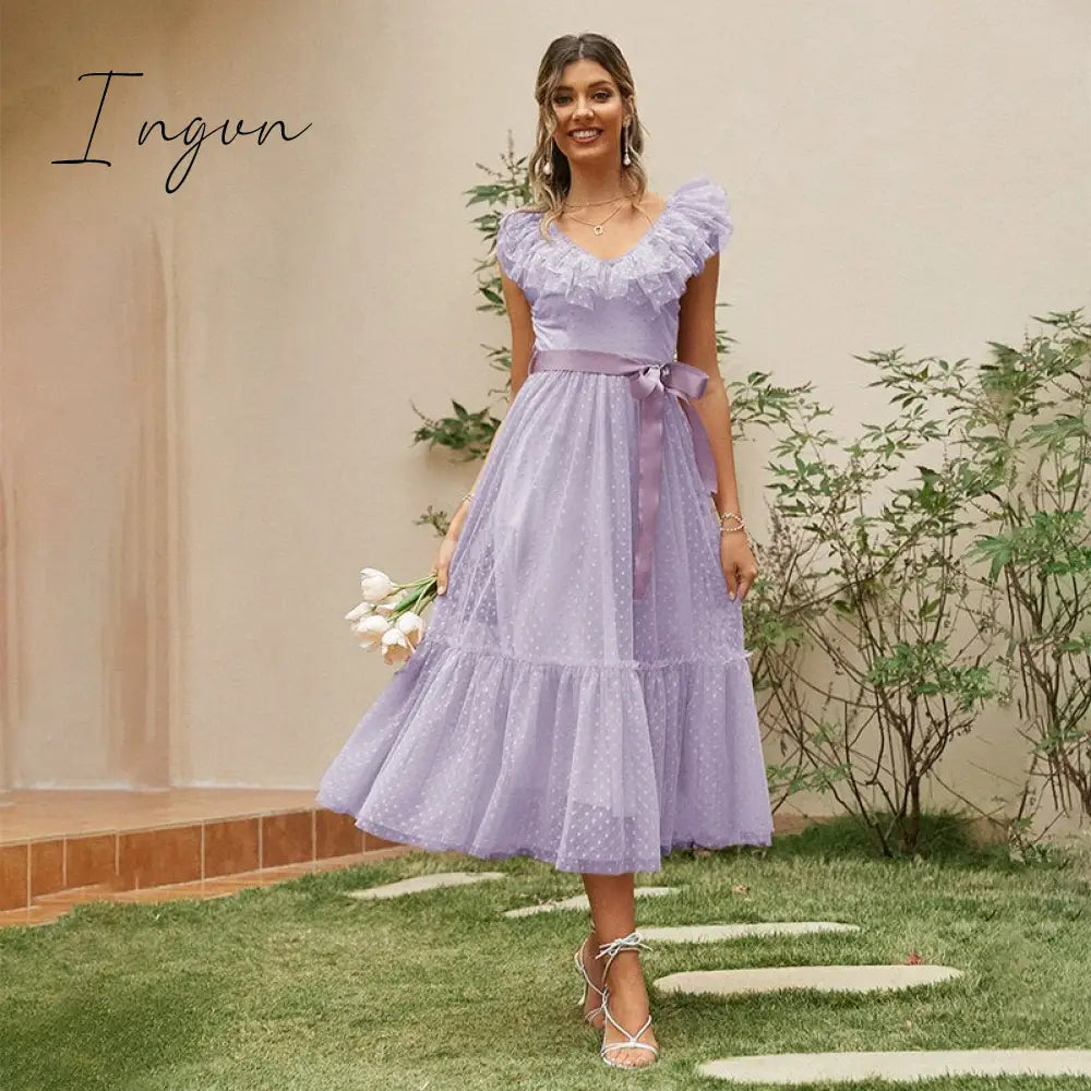 Ingvn - Fashion Trends V-neck mesh polka dot summer tulle party dress women Backless pink ruffle sleeveless dresses Elegant sash maxi vestido