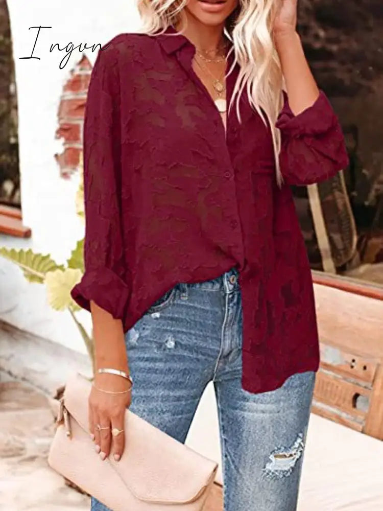 Ingvn - Women's Cotton Shirt Blouse Women 2023 Elegant Spring Candy Colors Basic Top Turn-down Collar Long Sleeve Solid Button Blouses