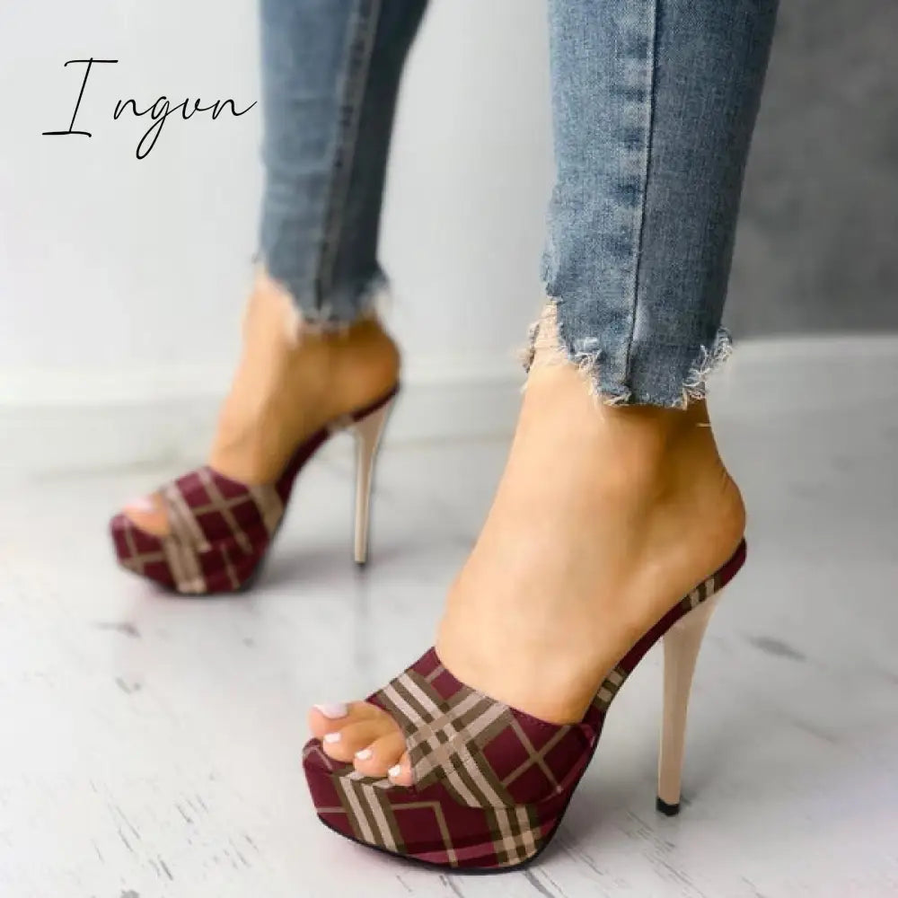 Ingvn - Women's Peep Toe Plaid Slip-on Stilettos Thin Heels