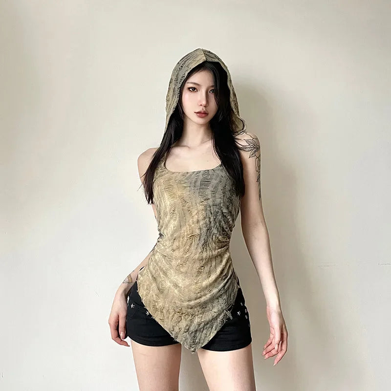 Fairy Grunge Sleeveless Holes Tank Top Hot Sexy Backless Irregular Hem Hoodies Tops Cyber Y2K Streetwear E-girl Vests