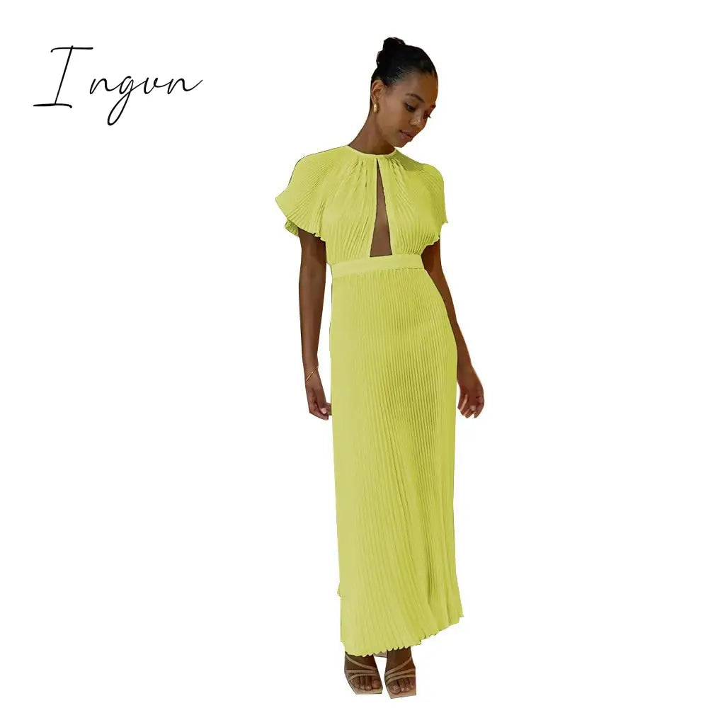 Ingvn - Casual Hollow Out Pleated Dress For Women Fashion Flare Sleeve Backless A Line Dresses Spring summer O Neck Office Lady dress