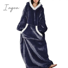 Ingvn - Women's Pajamas Nightgown Wearable Blanket Hoodie Blanket Pure Color Warm Comfort Oversized Home Daily Bed Fleece Hoodie Long Sleeve Hoodie Winter Fall Lake blue Deep Pink
