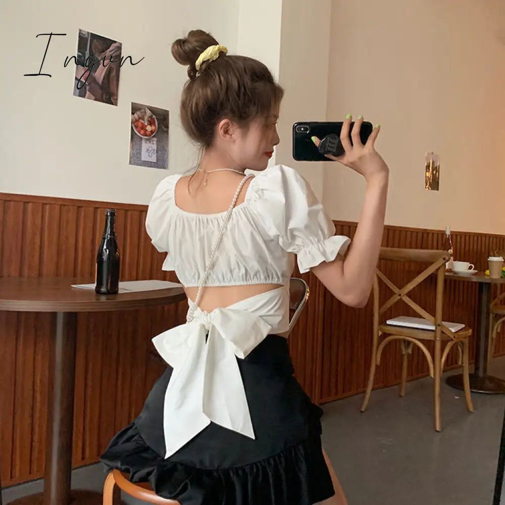 Ingvn - Women Spring Fashion Back Puff Sleeve Shirts Women Autumn French Bow Bandage Blouses New Black Pink Square Neck Cropped Tops Female