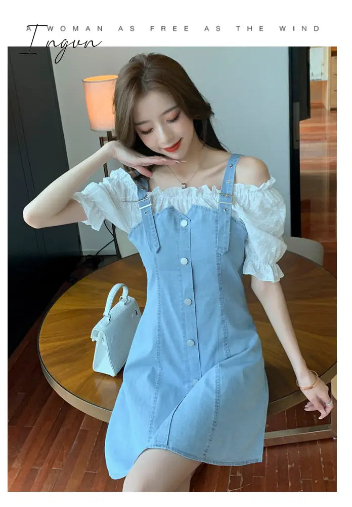 Ingvn - Denim Dress Fashion Lantern Sleeve Woman Dresses Clothes Gauze Patchwork Vestidos Ruffles Korean Off Shoulder Robe