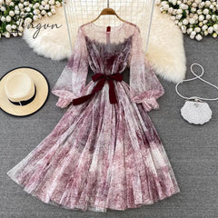 Ingvn - Sexy Mesh Printed Dress Women Spring Autumn Round Neck Puff Long Sleeve Ink Pattern A-Line Big Swing Vestidos Female New
