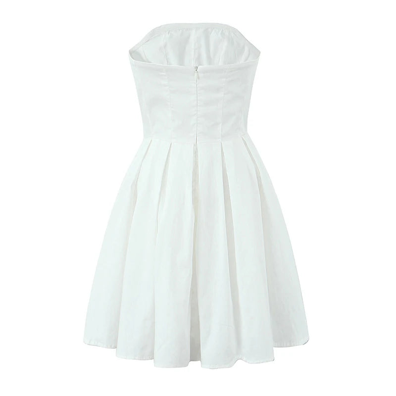 Women Pleated Hem Red Strapless Dress Sexy Elegant Christmas Party Mini Dress Female Fit And Flare Pretty Birthday Robe