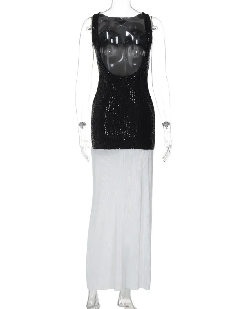 Ingvn  Autumn New in Backless Sequins Patchwork Long Party Dress Women's Sexy O-neck Sleeveless Bodycon Tank Dresses Streetwear