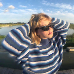 Clarissa Sweater Blue & White Striped Oversized Jumper Embroidered Mock Neck Cropped Pullovers Harajuku Women's Sweaters /