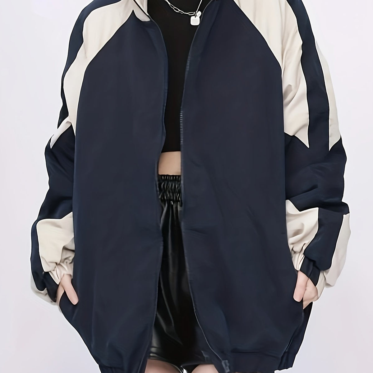 Trendy Y2K Color Block Bomber Jacket for Women - Easy Care, All-Season Comfort with Chic Lapel Neck Design