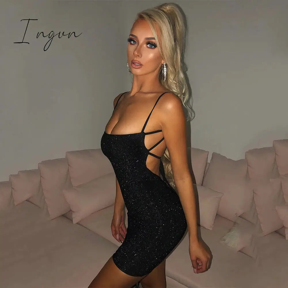 Ingvn - Bling Glitter Sequin Women Strap Mini Dress Ruched Lace Up Backless Bodycon Sexy Party Club Autumn Winter Elegant