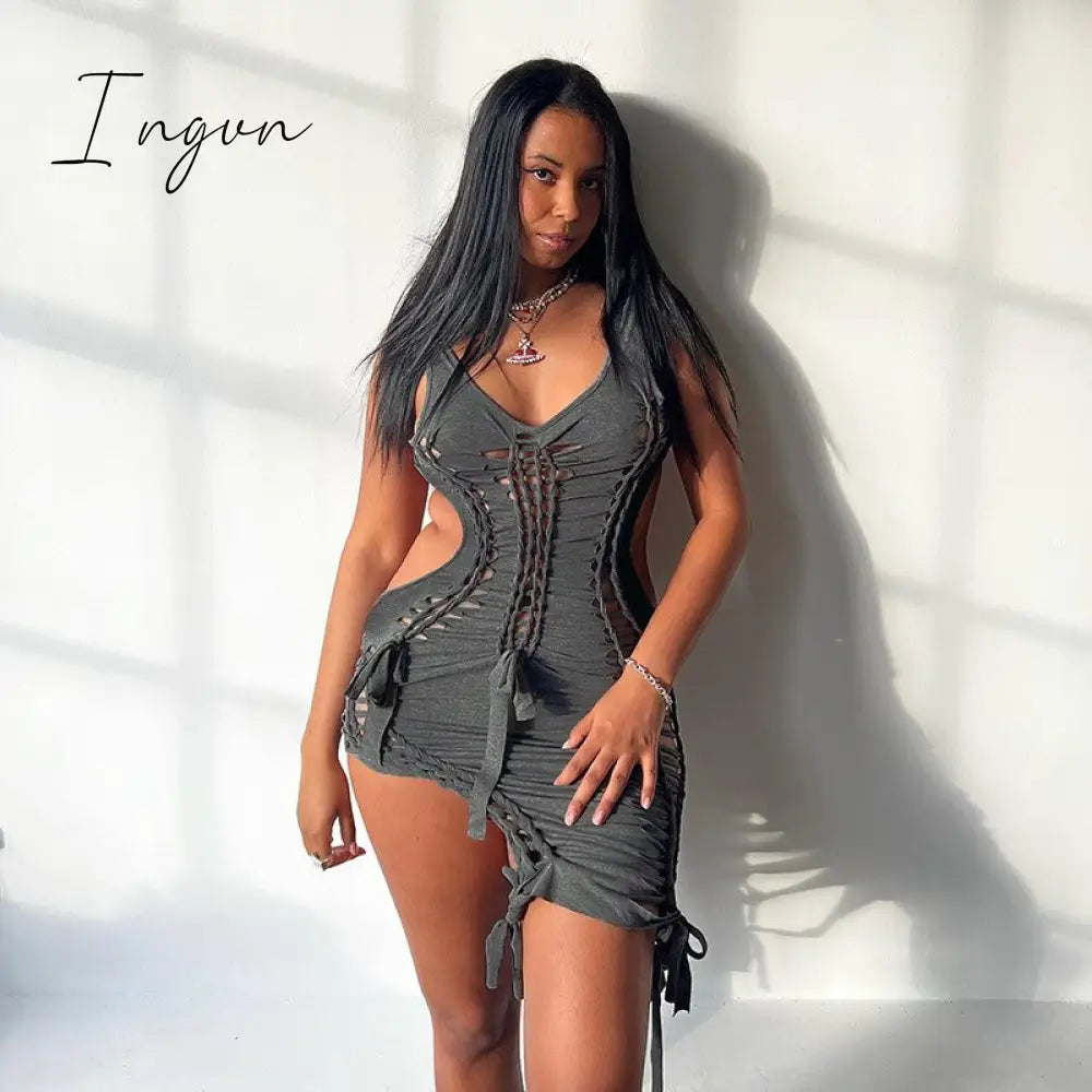 Ingvn - Dark Gray Hollow Out Mini Dress Sexy Drawstring Bandage Backless Summer Dresses for Women 2023 Birthday Party Clubwear