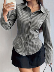 [Long Sleeve Shirt for Women] Elegant Striped Long Sleeve Shirt for Women - Slim Fit, Polyester, Machine Washable - Perfect for Spring/Fall