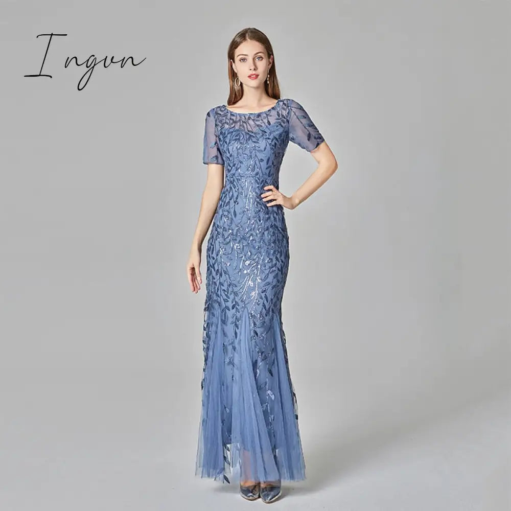Ingvn - Plus Size Evening Dresses Mermaid O Neck Short Sleeve Lace Appliques Tulle Long Party Gown Robe Soiree Sexy Formal Dress vestido