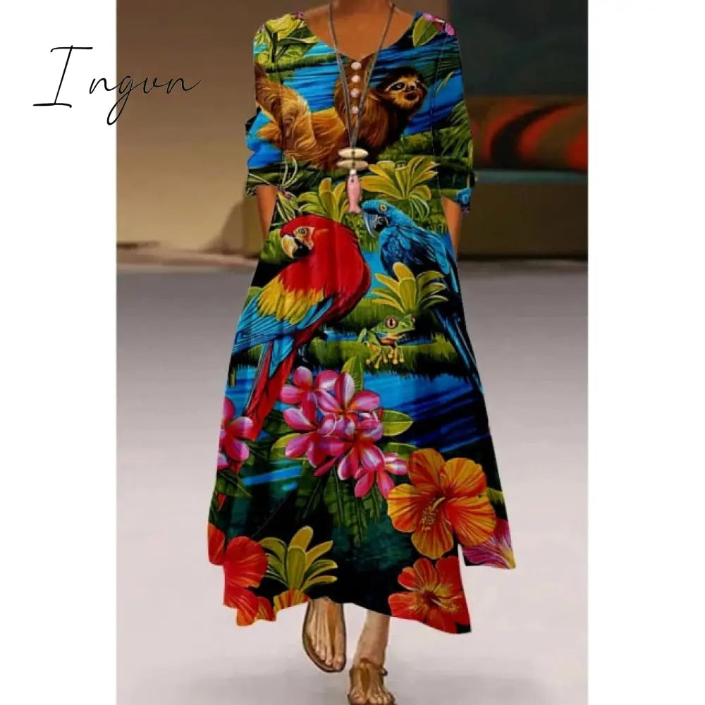 Ingvn - Fashion Summer Maxi Dress Women's Printed Sundress Casual Short Sleeve Vestidos Female High Waist Robe Femme midi elbise