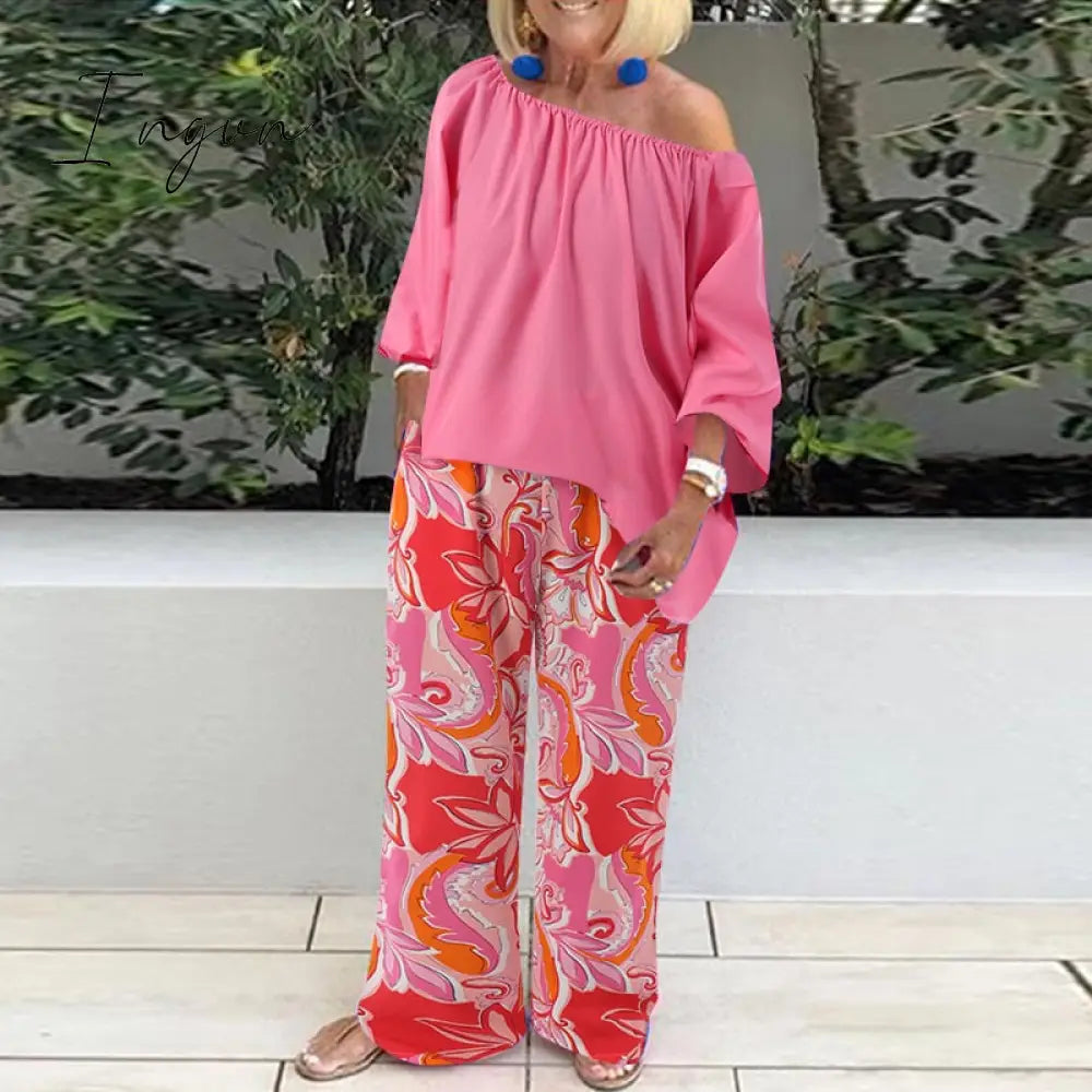 Ingvn - Pants Sets Fashion One Shoulder 3/4 Sleeve Tops Floral Print Wide Leg Trouser Women Two Piece Sets Casual Loose Suit