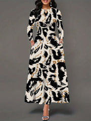 Stylish Women's Long Sleeve Maxi Dress with Pockets - Elegant Leopard Print, Crew Neck, Stretchy Polyester Blend for Fall/Winter