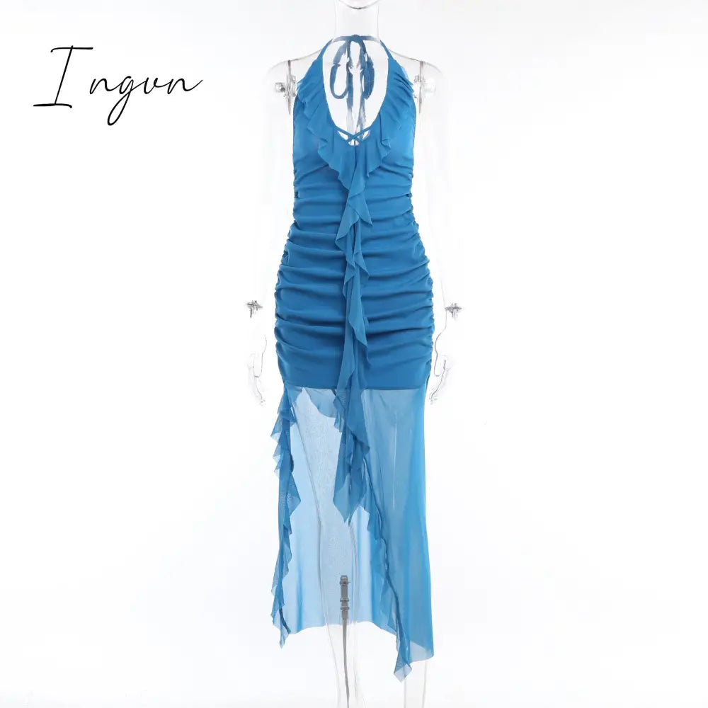 Ingvn - Elegant Backless Ruffles Maxi Dress Women Summer New Halter Sleeveless Pleated Beach Holiday Sexy Club Long Dress