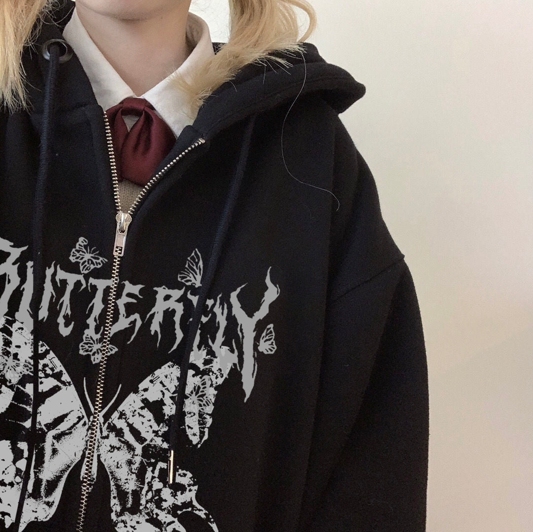 Y2K Retro Dark Gray Butterfly Zipper Hooded Sweatshirt 90s Harajuku Punk Gothic Zip Up Hoodie Long-sleeved Loose Jacket