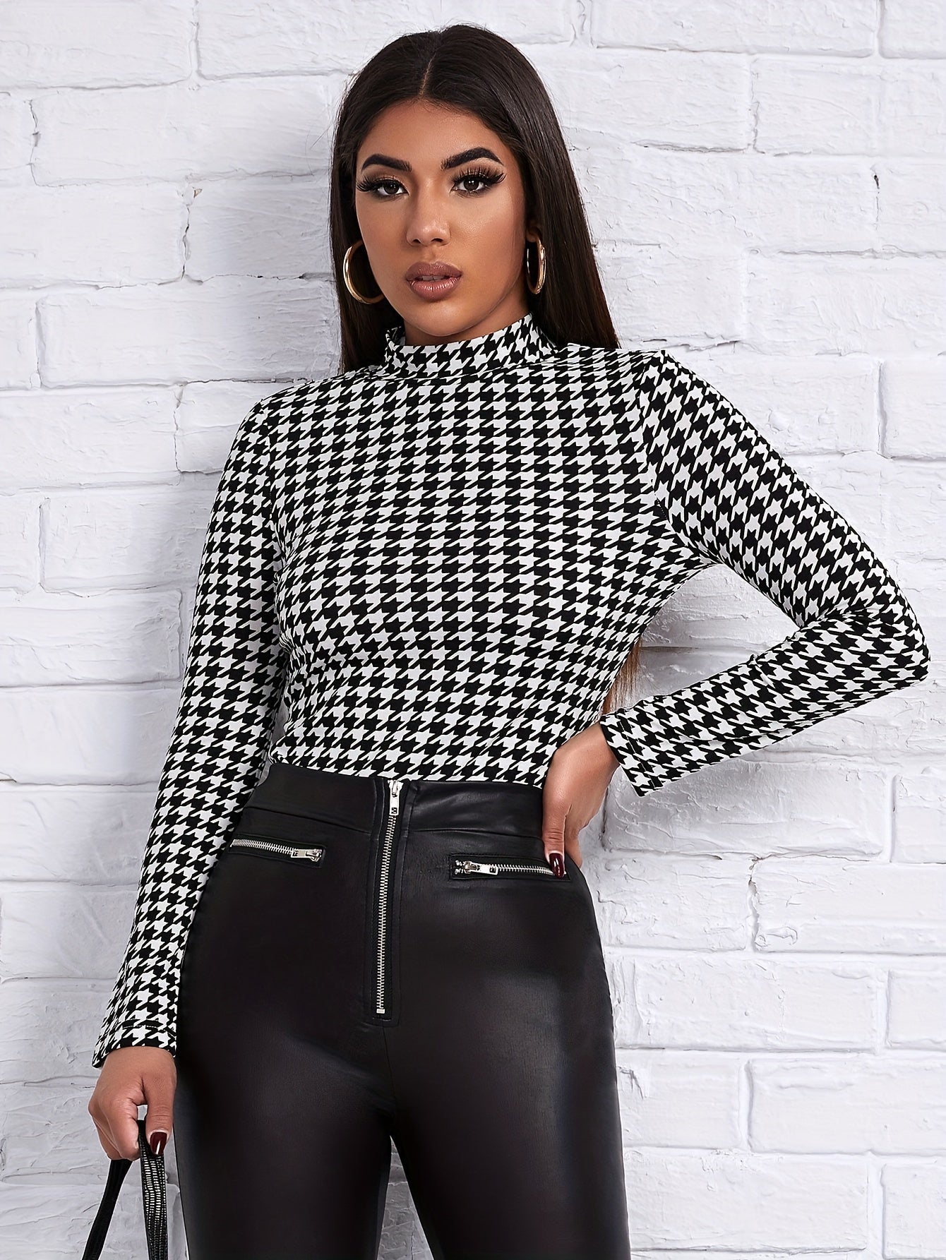 Houndstooth Print Mock Neck T-Shirt, Casual Long Sleeve Slim T-Shirt For Spring & Fall, Women's Clothing