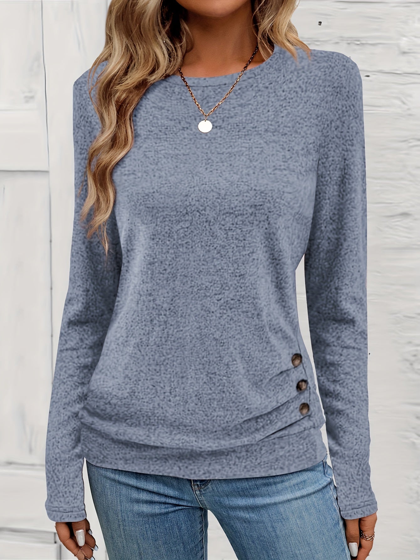 Button Decor Ruched T-Shirt, Casual Long Sleeve Top For Spring & Fall, Women's Clothing