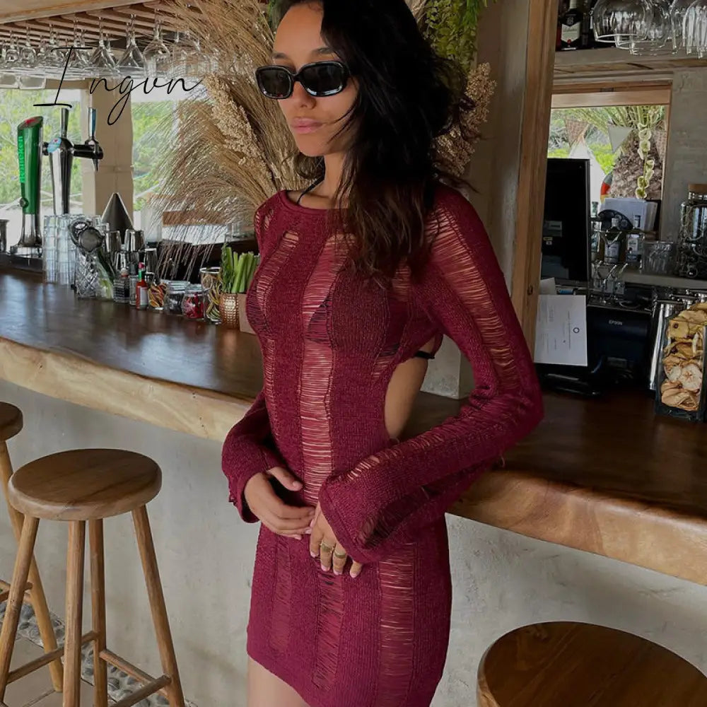 Ingvn - Fashion Trends Round Collar See Through Dress Women Sexy Long Sleeve Elegant Beachwear Hollow Out Backless Knitted Female Dress Summer