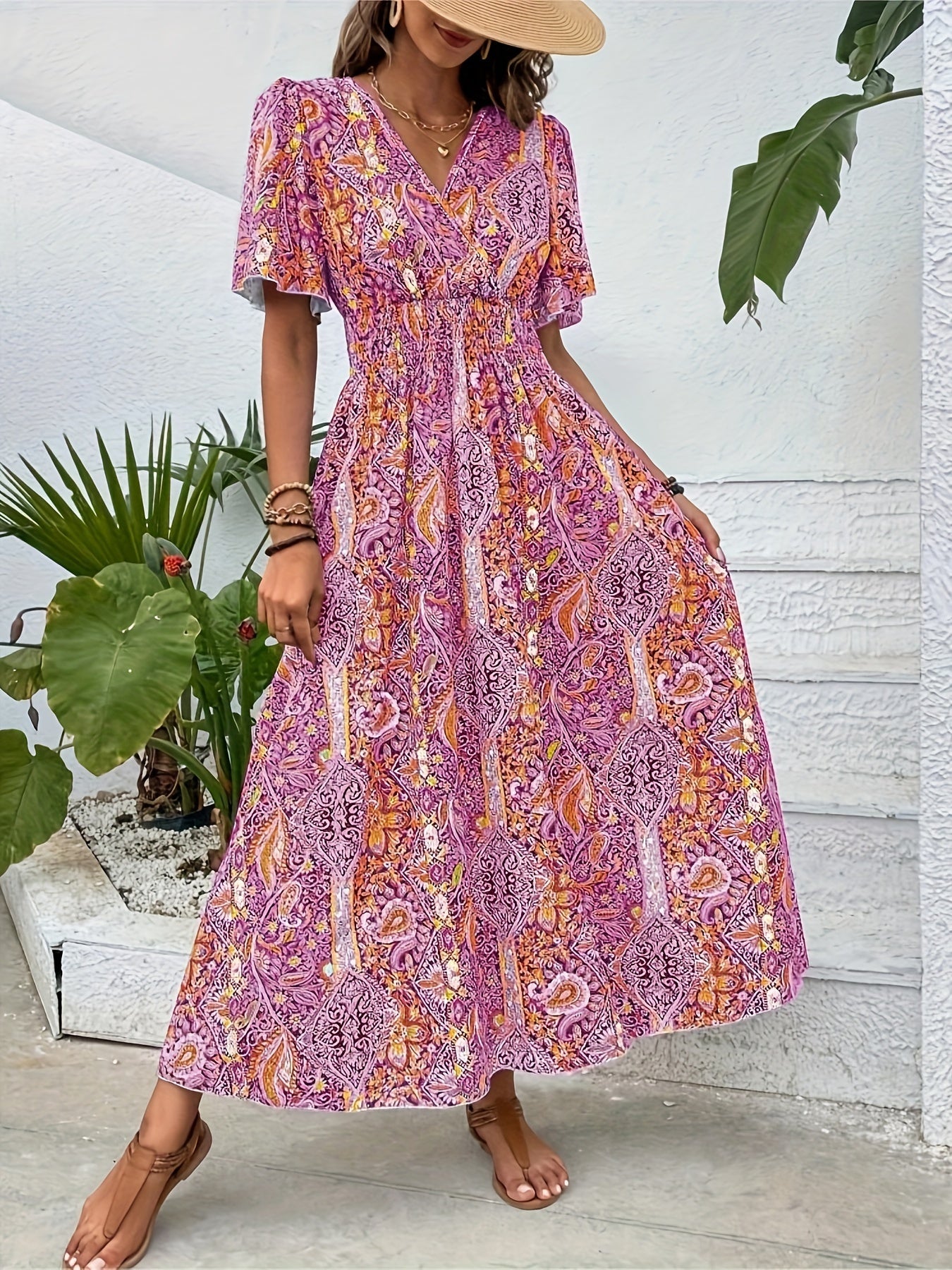 Plus Size Ethnic Floral Print Shirred Waist Dress, Casual Short Sleeve Dress For Spring & Summer, Women's Plus Size Clothing