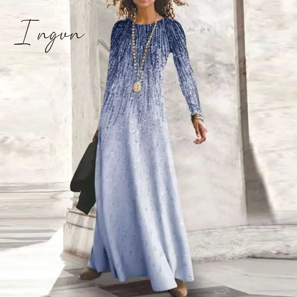 Ingvn - Fashion Shiny Long Office Lady Party Dress Women Vintage Round Neck Long Sleeve Maxi Dress Autumn Slim Boho Spring Dresses