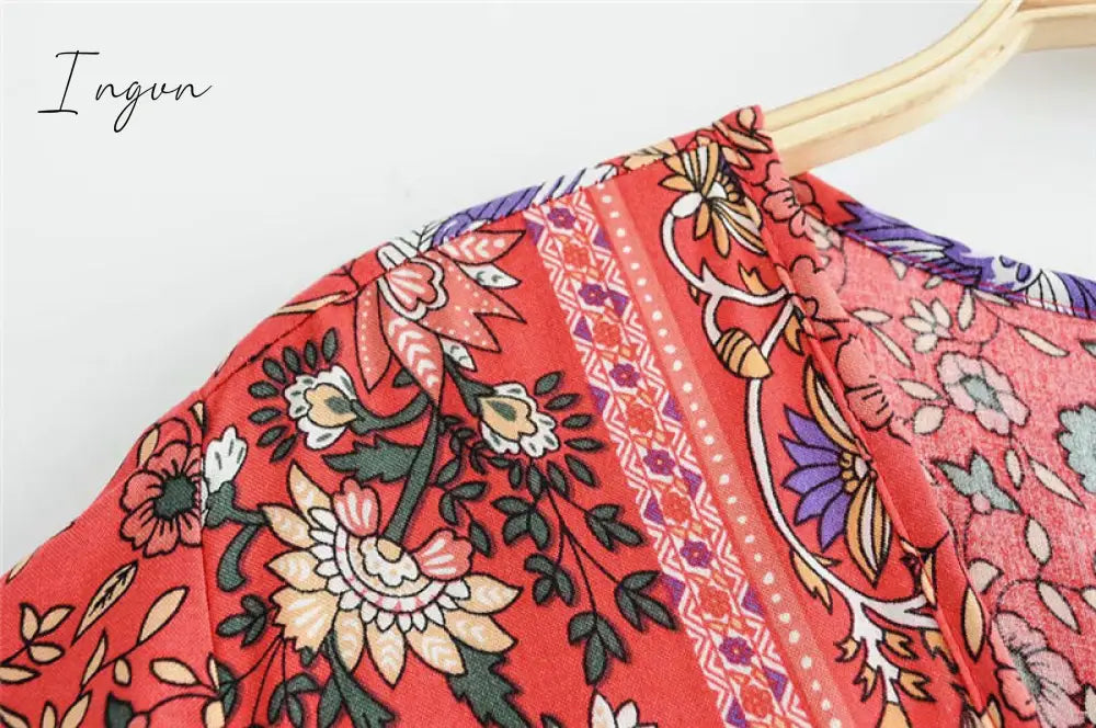 Ingvn - Vintage chic vestidos women Floral print bat sleeve beach long Bohemian maxi dress Ladies sexy V neck  Summer Boho happie  dress