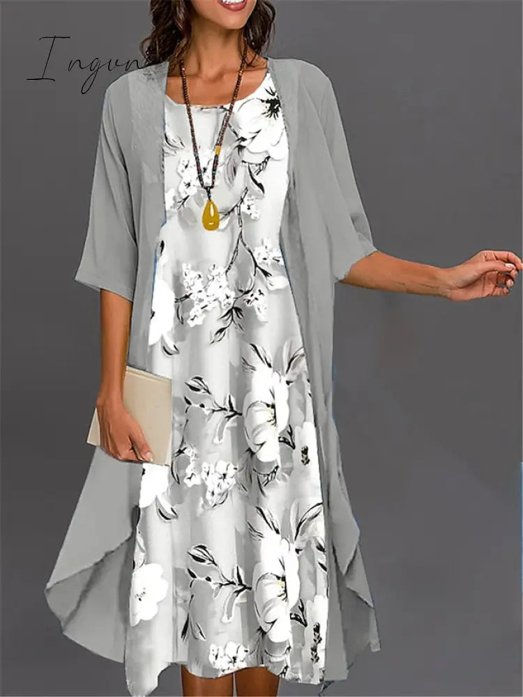 Ingvn - Women's Two Piece Dress Set Casual Dress Print Dress Outdoor Daily Fashion Elegant Print Midi Dress Crew Neck 3/4 Length Sleeve Floral Loose Fit Black White Pink Summer Spring S M L XL XXL