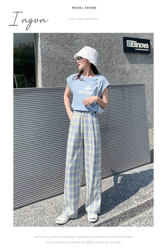 Ingvn - Vintage Plaid Pants Women High Waist Plus Size Wide Leg Casual Female Trousers Summer Joggers Clothes Streetwear Girl Pants