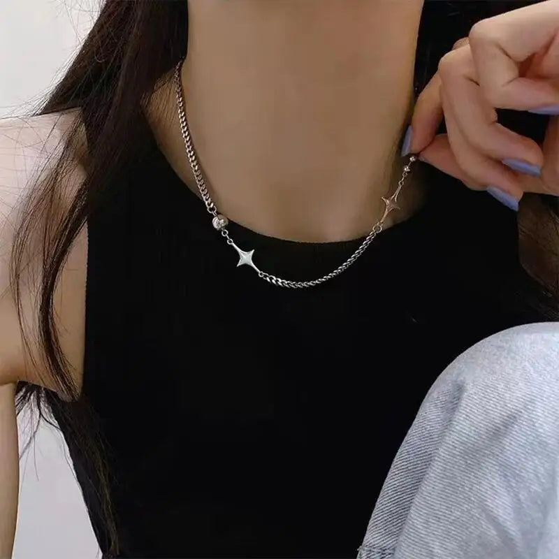 INGVN  Hip Hop Zircon Star Double Layer Necklace For Men Women Trend Charm Titanium Steel Pendant Chain Unisex Jewelry