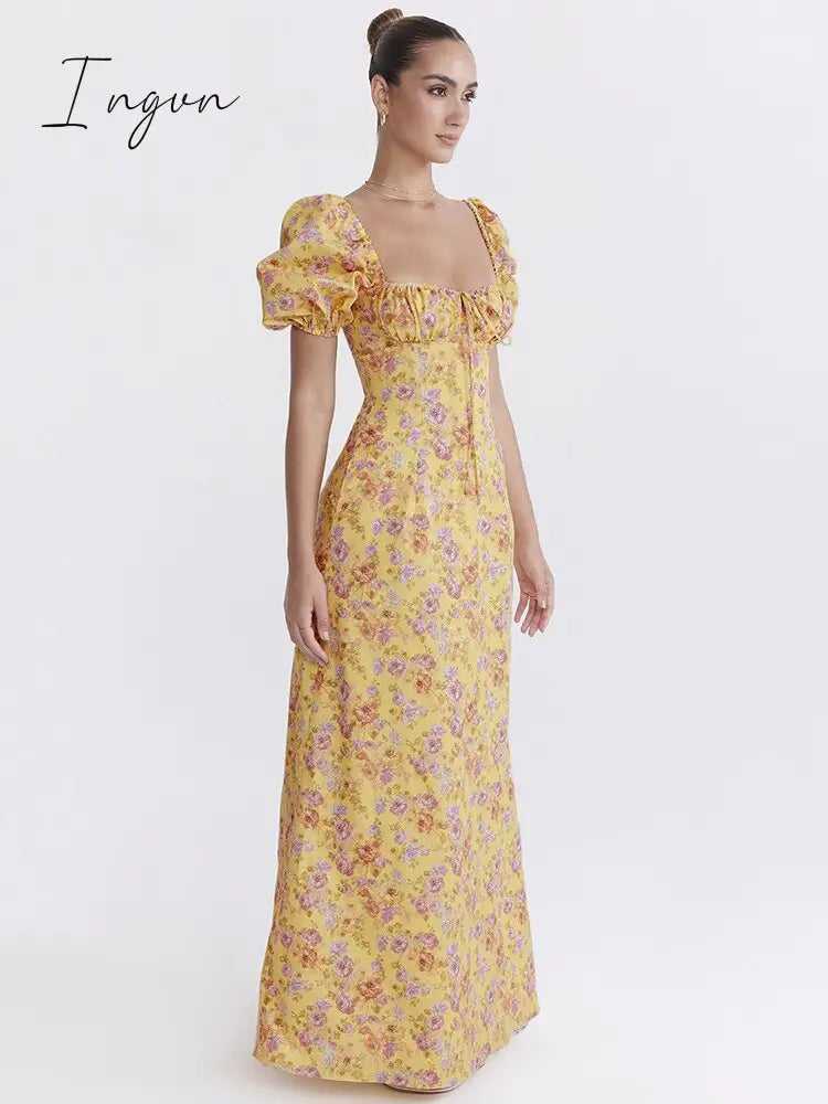Ingvn - Elegant Puff Sleeve Loose Maxi Dress Women Gown Square Collar Backless A-line Lace-up French Retro Sexy Long Dress