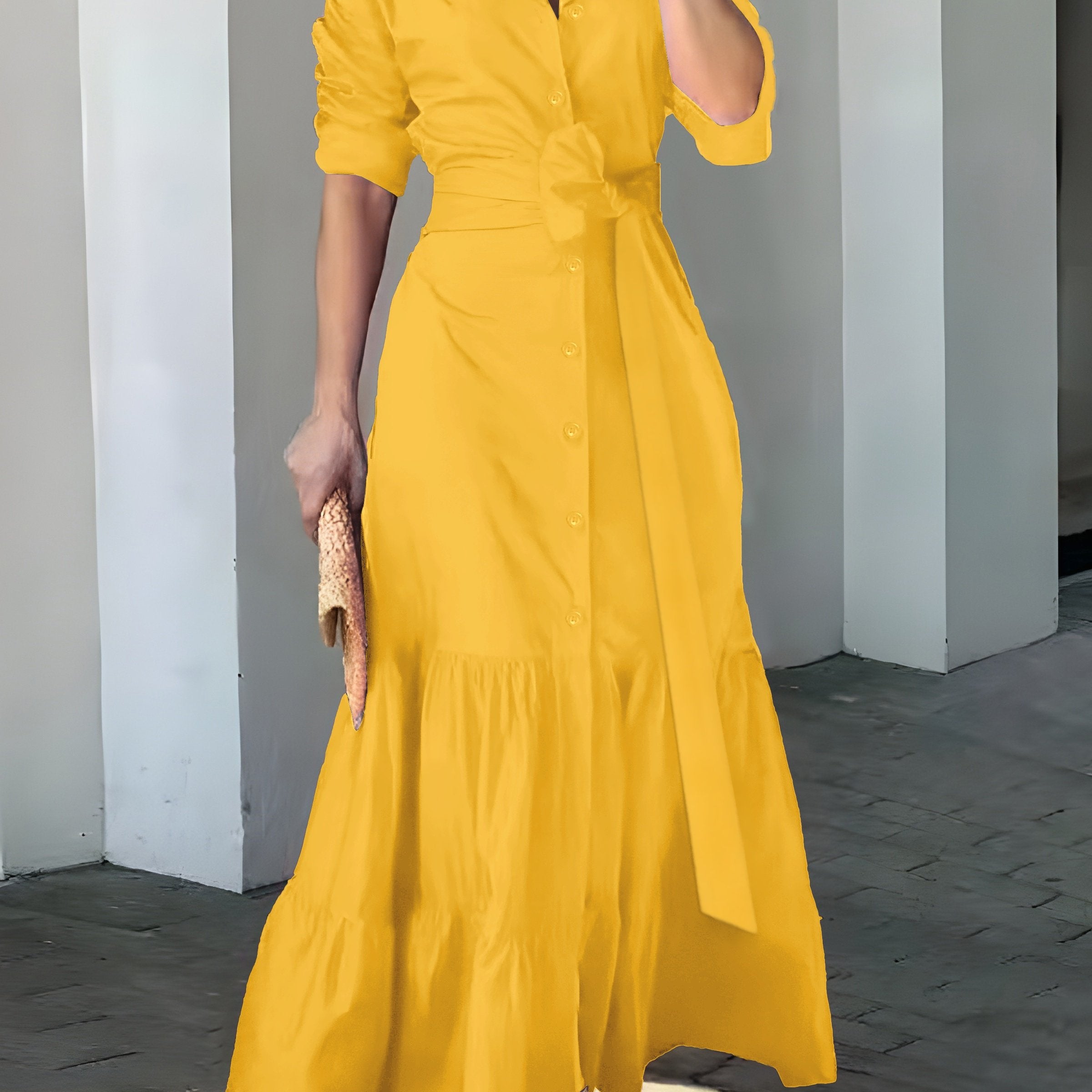 Stunning Ruffled Maxi Dress - Solid Button Front, Belted Waist, Elegant Ruched Sleeve, Flowy Design, Women's Clothing for Special Occasions