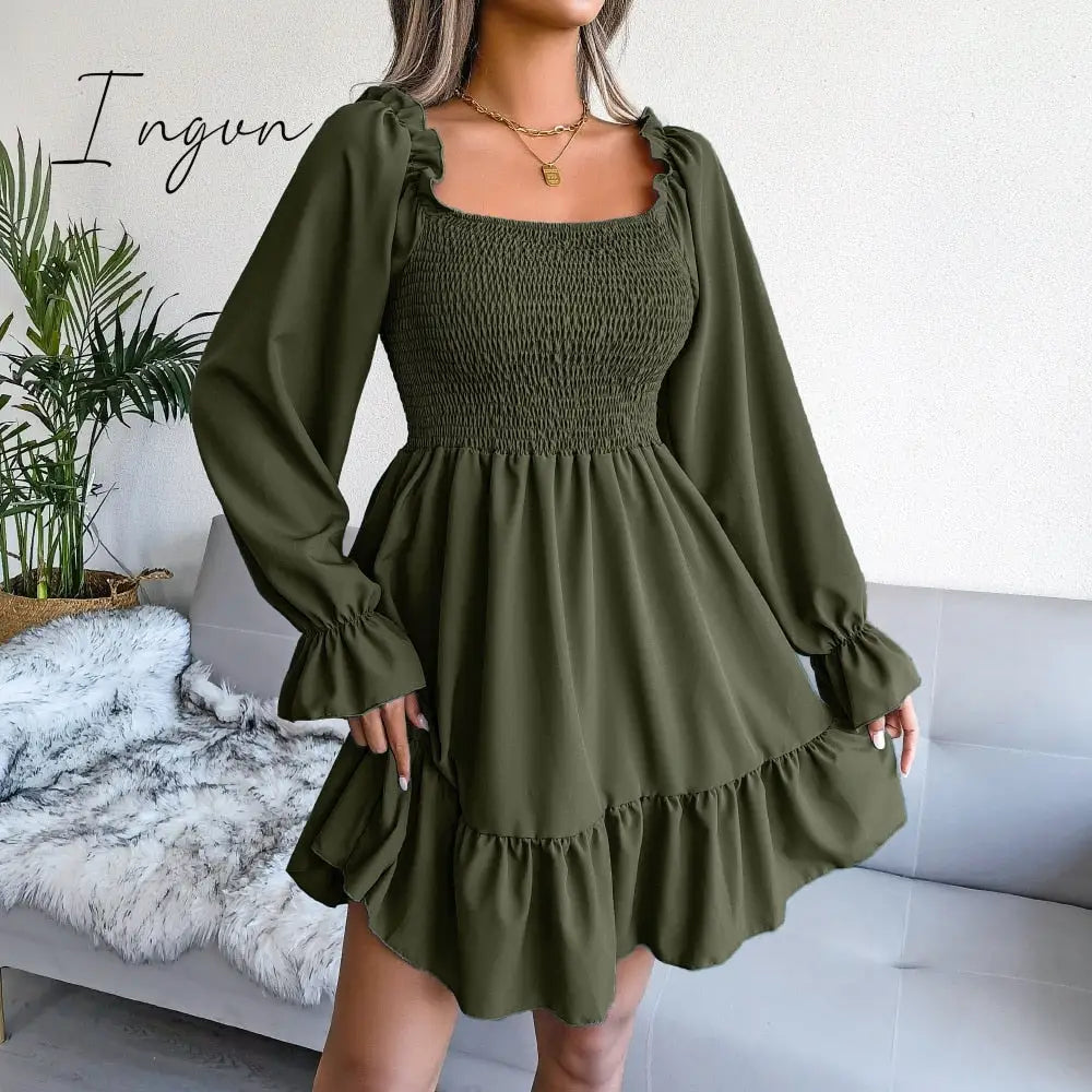 Ingvn - Spring and summer hot style long sleeve ruffled dress