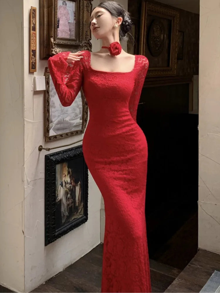 Elegant Tie Flowers Solid Evening Dresses Square Collar Flare Sleeve Lace Mermaid Long Dress Slim Party Vestidos Women's Clothes