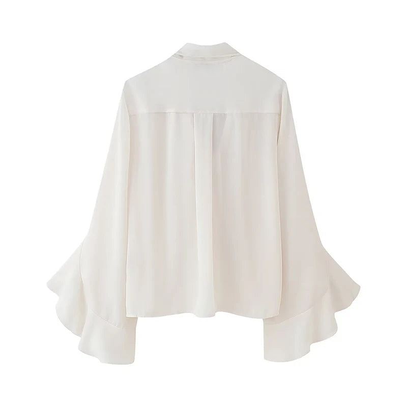 Elegant Ruffle White Shirt Women Lace Up Collar Butterfly Sleeve Casual Office Shirts Spring Summer Blouse Blusas Mujer