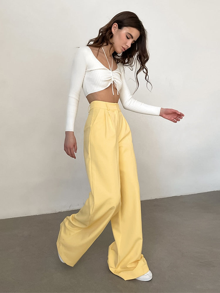 Voguable  Women High Waist Pants Casual Loose Office Lady Trousers Spring Summer New Fashion Solid Wide Leg Floor-Length Pants Female